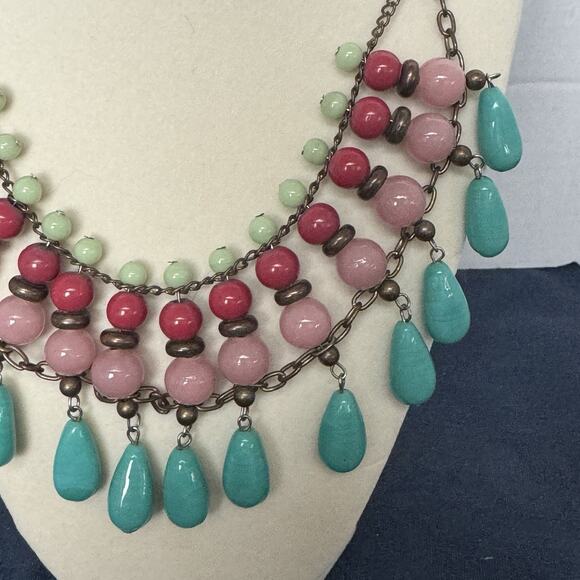 Vintage Egyptian Glass Beaded Collared Necklace M &S Turquoise And Pinks Summer - Picture 3 of 5
